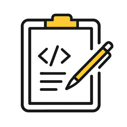 Clipboard with code and pencil icon.