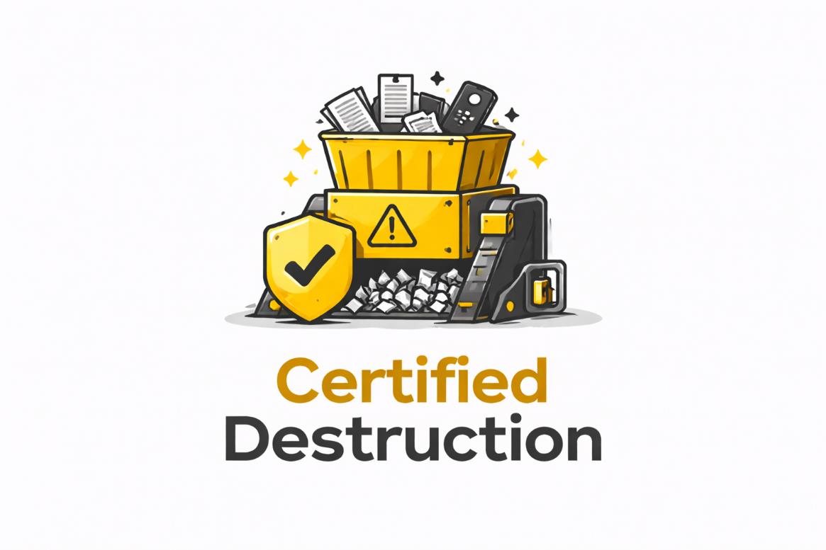 Shredder illustration with "Certified Destruction" text.