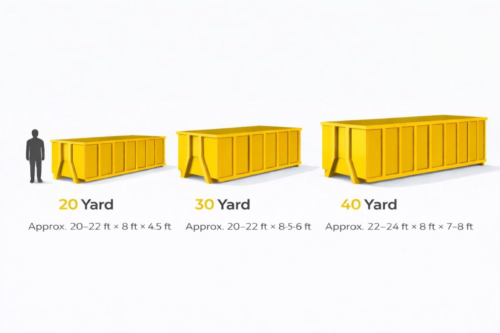 Yellow dumpsters in 20, 30, 40 yard sizes.