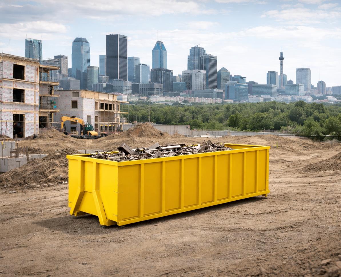 Yellow dumpster at construction site, city skyline.