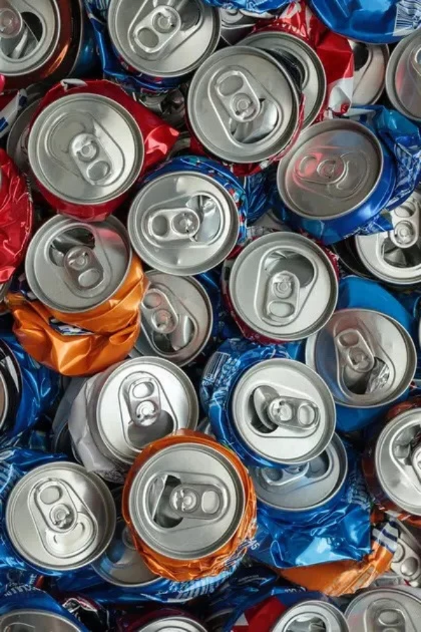 Crushed aluminum beverage cans collected for recycling